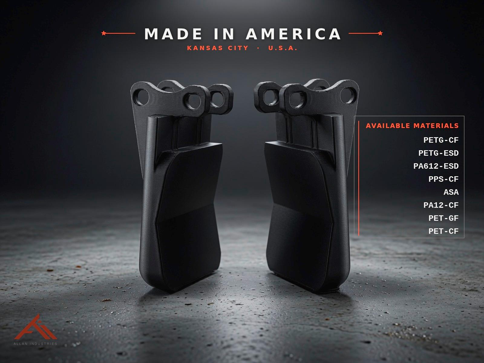 Carbon-fiber 3D printed robot end-of-arm gripper, made in America by Allan Industries, Kansas City, Kansas.