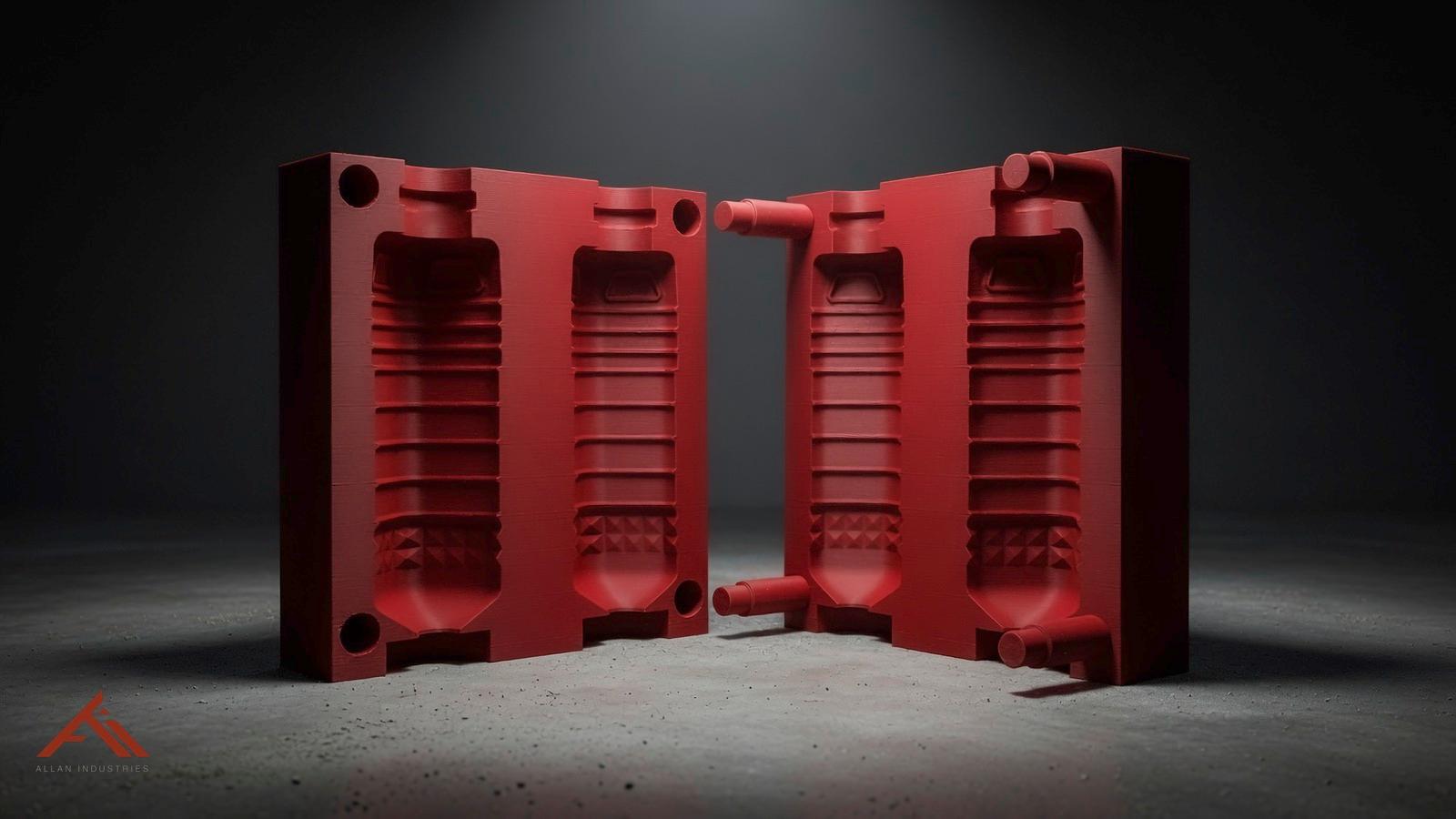 3D printed prototype injection mold tool halves with two bottle cavities, made by Allan Industries, Kansas City, Kansas.
