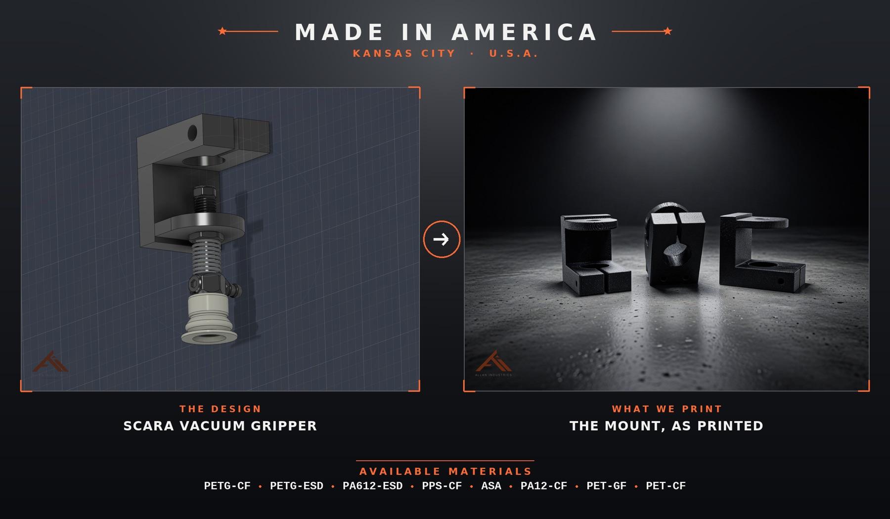 Vacuum gripper CAD model side by side with the finished carbon-fiber 3D printed part, manufactured by Allan Industries in Kansas City, Kansas.